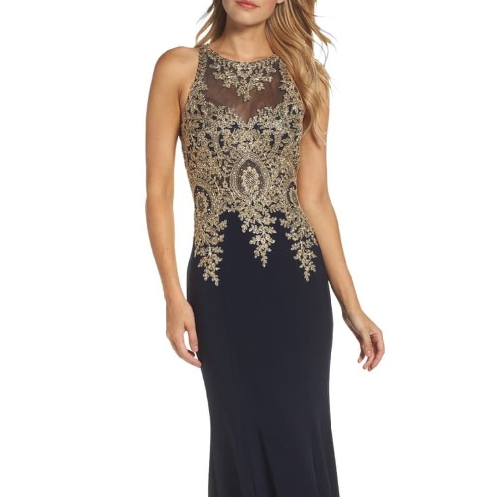New XSCAPE Embroidered Mermaid Gown Blk/Gold